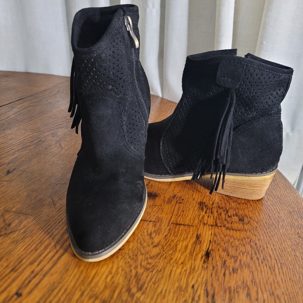 MiiM Sz 7 Western Faux Suede Fringed Ankle Boot Block Heel BLACK Boho